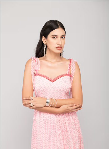 Baby Pink Printed Tiered Maxi Adorned with Lace Maxi Dress